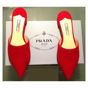 NIB Auth Prada red suede point toe flat slides slippers box bag Size 7 US 37 EU